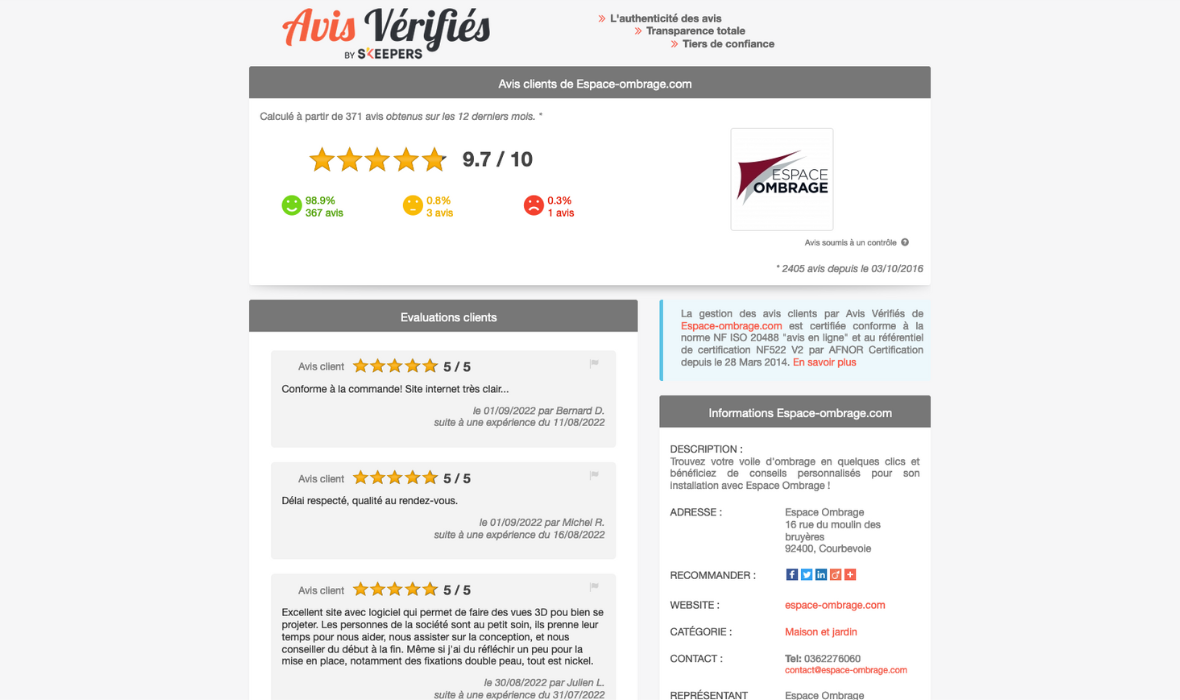 Les avis de nos clients sur nos produits Espace Ombarge