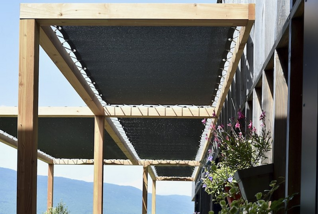 Toiles pour pergola ajourées noires sur structure pergola bois