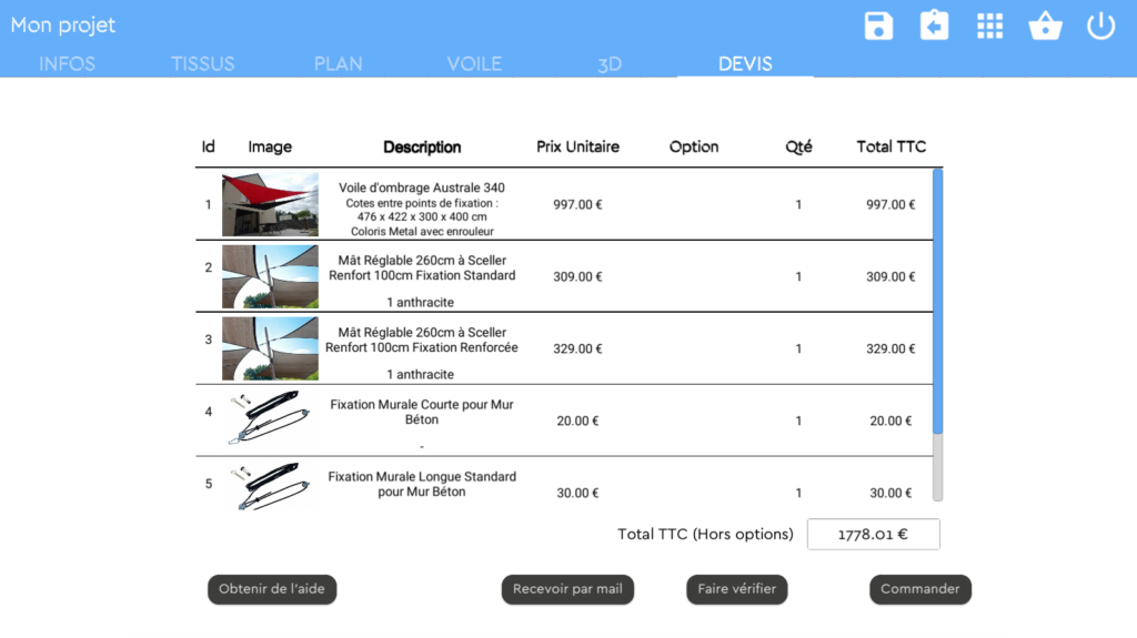Elements d'un devis sur le logiciel 3D de voiles d'ombrage